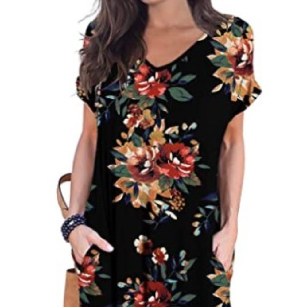 Women's Black Flower Print Long Loose Casual Dress